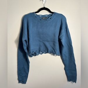 Cropped Blue Distressed Sweater